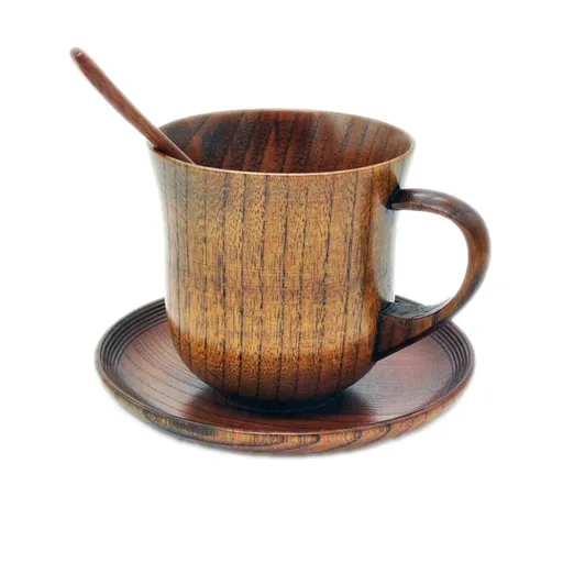 Wooden Mugs Set Vintage Teacup Handmade Wood Mug Coffee Espresso Tea Cups with Saucer and Spoon Easy to clean