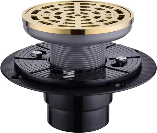 Round Shower Drain SUS304 Stainless Steel Brushed Gold Shower Drain 4 inch with Adjustable PVC Base Flange,Shower Floor Drain with Removable Cover Grid Grate