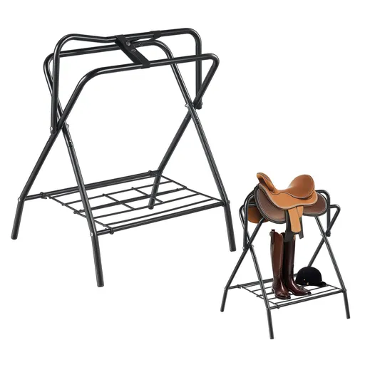 Folding Saddle Rack Heavy Duty Steel Freestanding Portable Black 28 x 19 x 37.5 in Ideal for English and Western Saddles Tack Storage