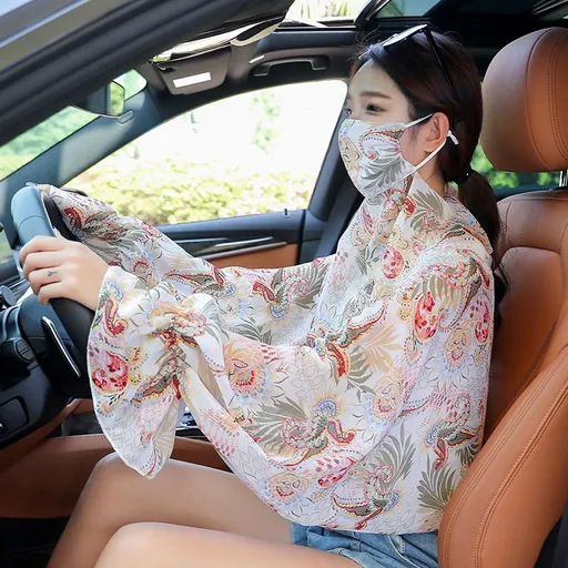 Ladies Printed Sun Protection Shawl Scarf with Built-in Mask & Long Sleeves, Ice Silk Chiffon Cooling & Breathable, Full Face & Arm Coverage for Outdoor Cycling & Travel(White phoenix)