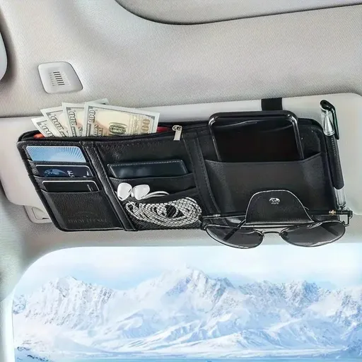 Black Premium Leather Car Sun Visor Organizer - Secure Zippered Storage Pouch with Card, Document & Eyewear Clip