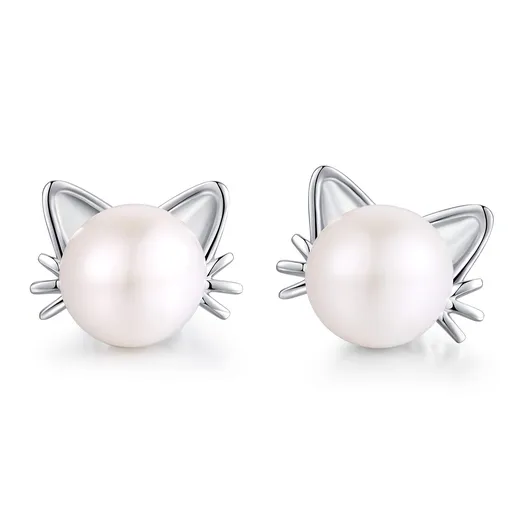 Plated Pearl Diamond Stud Earrings for Women 925 Sterling Silver Pearl Earrings, Fine Jewelry Gift for Women 7.5MM-8MM