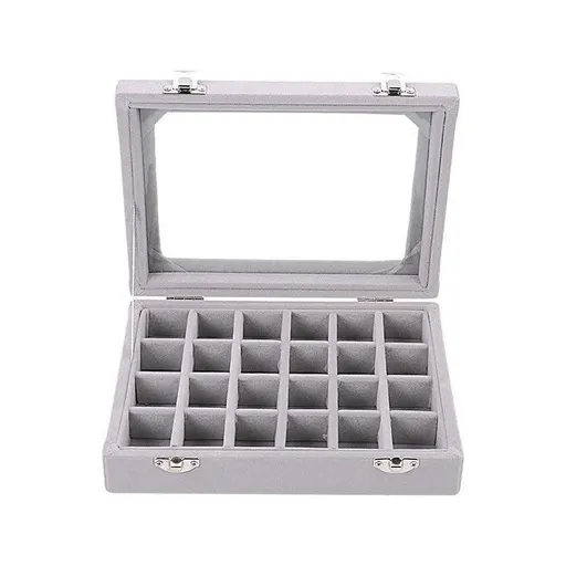 Velvet Jewelry Box Earring Organizer Display Case Storage Holder with 24 Grid - Grey