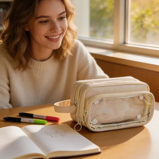 Transparent Large Capacity Pencil Case 8.46inch Minimalist Clear, Portable Slim Stationery Bag Unique Storage Organizer for School Office, Pink