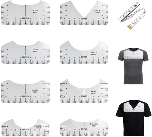 8 pieces - T-shirt ruler guide - with 1 soft measuring tape - T-shirt alignment tool - T-shirt alignment rulers - T-shirt rulers - for round neck and V-neck - sewing tools - white