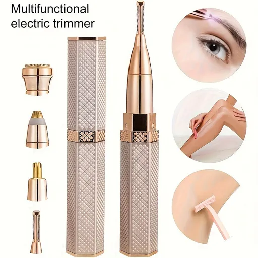 Complete Body Hair Removal Shaver - 4-Head Electric Facial Grooming Device for Women, Rechargeable Trimmer for Eyebrows, Nose, And Bikini Area【Golden color】