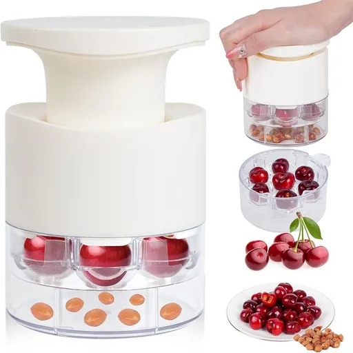 White Efficient 7-Hole Cherry Pitter Tool - Food Grade Push-Type Fruit Corer for Red Dates & Olives