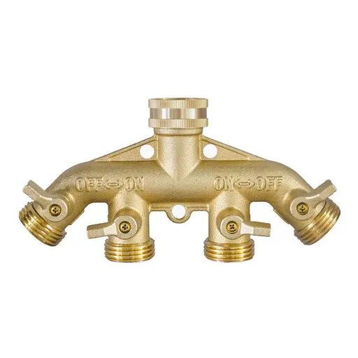 Brass Garden Hose Splitter (4 Way), Solid Brass Hose Connector 3/4", Hose Spigot Adapter 4 Valves with 4 Extra Rubber Washers