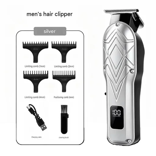 Men's Electric Hair Trimmer Kit Titanium Alloy Blade USB Rechargeable LED Display 4 Guide Combs Ergonomic Grip Silver