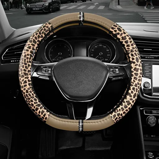 Leopard Steering Wheel Cover for Women, Cute Anti-Slip Microfiber Leather, Fits D Shape Flat Bottom Steering Wheel 14.5-15 Inch - Beige