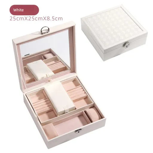 Large PU Leather Jewelry Box with Mirror and Lock Velvet Lined Organizer for Rings Necklaces and Watches White