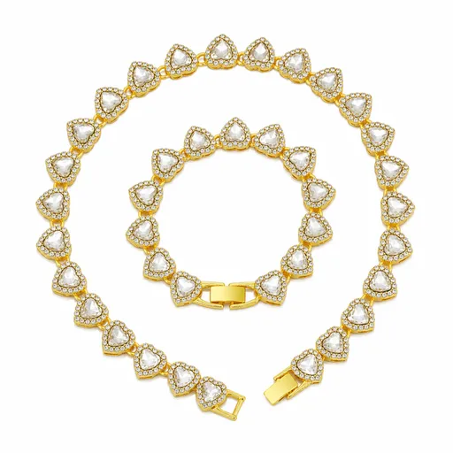 Gold-Plated Heart Rhinestone Cuban Link 20 inch Tennis Necklace and 8 inch Tennis Bracelet Set for Women, Crystal Heart Chain Fashion Jewelry Accessories with Gift Box