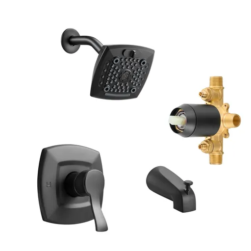 Tub and Shower Faucet Set, Complete with 130 mm Rainfall Shower Head and Bathtub Spout, 5-Setting Adjustable Spray, Single-Handle Tub Trim Kit with Brass Pressure Balancing Valve, Matte Black