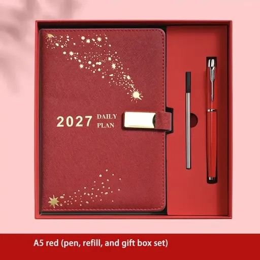 2027 Hardcover Daily Planner: Textured Faux Leather Cover, Smooth Eye-Friendly Thick Paper, Gift Box Set for Work or Gifting.(RED)
