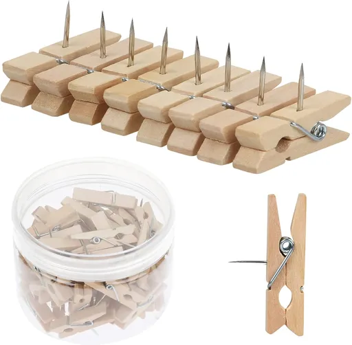 50 PCS Push Pin with Wooden Clips, Durable Pins, Decorative Pushpins Tacks Thumbtacks, for Cork Board Artworks Notes Photos, Craft Projects, Offices and Homes (Burlywood) -