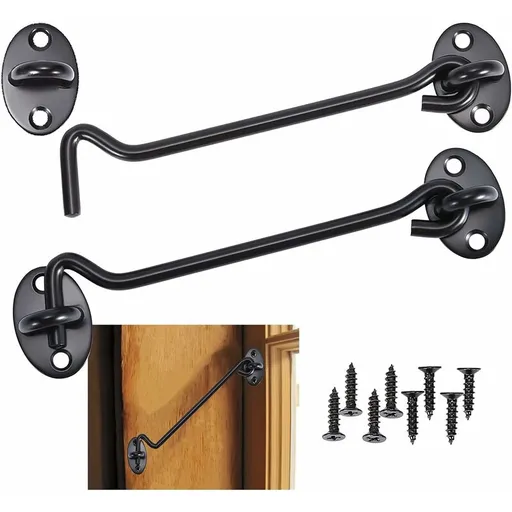 Cabin Hook 2 Pieces Door Hook Lock, Black Stainless Steel Door Hook Lock, With Mounting Screws, For Window, Barn Door,