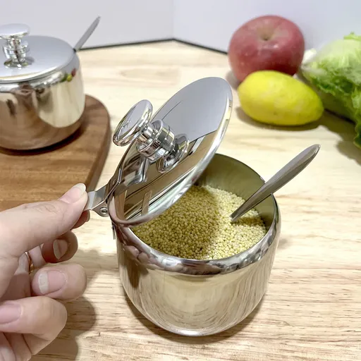 Sugar Bowl with Lid and Spoon, Stainless Steel Sugar Creamer Container, Round Seasoning Jar, Durable Seasoning Jar, for Coffee Bar Accessories, Kitchen Food Storage Jar S