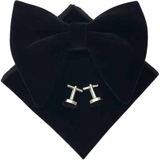 Mens Pre-Tied Bow Tie Tuxedo Oversized Velvet Bowtie Cufflinks Combo Sets,Velvet Bow, Tuxedo Big Bowtie and Pocket Square Cufflinks(Black)