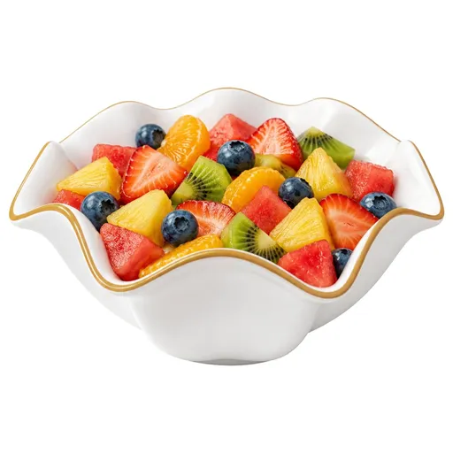8" White Ceramic Decorative Bowl, Ruffle Edge Serving Bowl with Golden Rim, 320oz Shallow Fruit Container for Kitchen Counter, Dining Table Centerpiece, Entry Decor, Housewarming Present