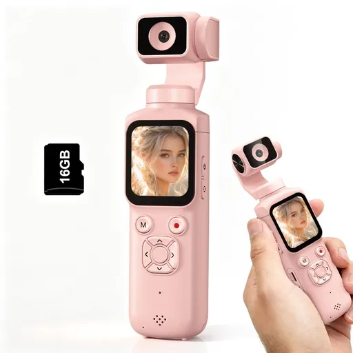 4K Vlogging Camera with 330° Gimbal Lens & 75MP Photo, WiFi Pocket Camera Compact Vlog Camera for Beginners, 330 Degree Rotating Lens, Content Creator Kit with Tripod & 16GB Card - Pink - Size 158mm