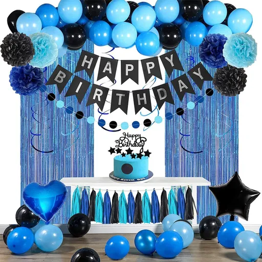Blue-black birthday party decoration set - Banner & balloons