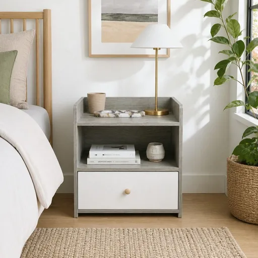 HYGGO Bedside Table Drawer Nightstand Light Gray Wood Grain Storage Tray White 48cm