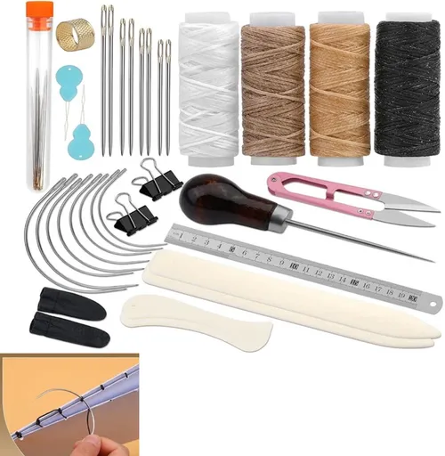 33 Pcs Bookbinding Kit, Bookbinding Tools for Beginners, Leather Craft Kit with Bone Folder Waxed Thread Needles Awl for Book Repair and Paper Art