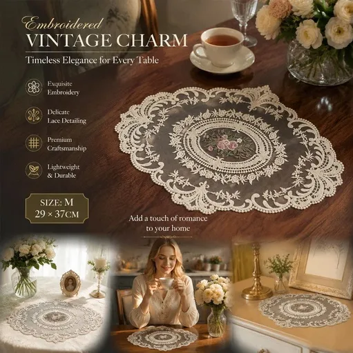 Elegant Vintage Floral Stitch Dining Mat, Apricot Off White, Size M 29*37CM