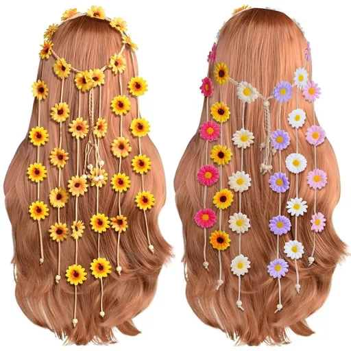 2Pcs Floral Headbands for Women Daisy Flower Hairbands Boho 60s 70s Hippie Accessories Fairy Crown Party Costume Outfits Headdress, Colorful and Yellow
