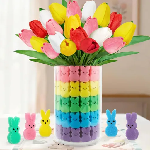75Pcs Easter Decorations Set with 15Pcs Artificial Tulips and 60Pcs Sponge Bunnies Peeps Vase Filler, Spring Decorations for Home Indoor Decor Table Centerpiece Easter Gifts(Vase Not Included)