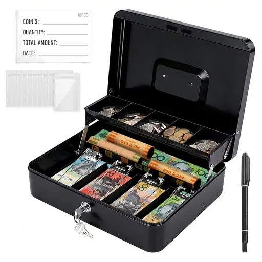 Cash Box With Security Locker And Security Cable, Money Box/Cash Tin With Money Tray For Saving Organizer-Black