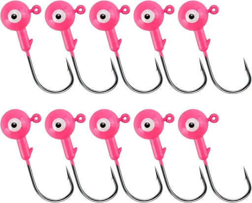 10-Pack Round Fishing Jig Heads, Bass Ball Jigs Hooks 3D Eyes High Carbon Steel 1/8-1/2OZ Pompano Head Saltwater Freshwater Heads for Trout Walleye Striper Pink 1/4oz
