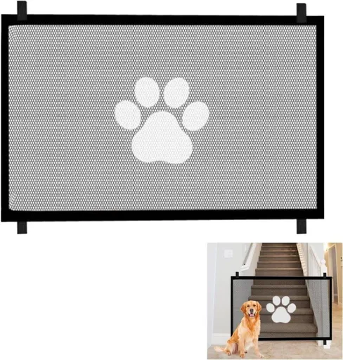 Portable Dog Gate Without Drilling Self-Adhesive Safety Gate with Paw Pattern, 110x78 cm