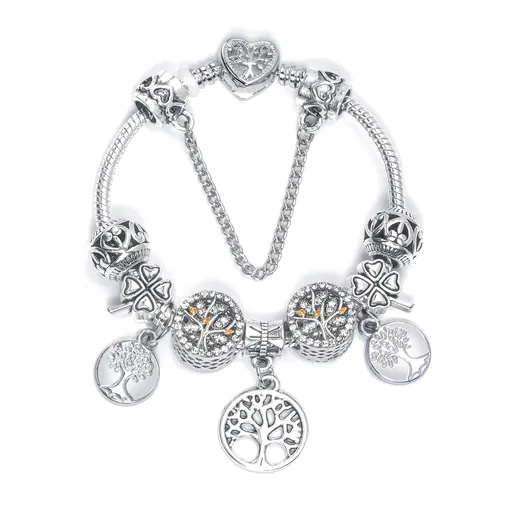 Vintage Silver Tree of Life CZ Four - Leaf Clover Charm Bead DIY Bracelet, Retro Style(19cm)