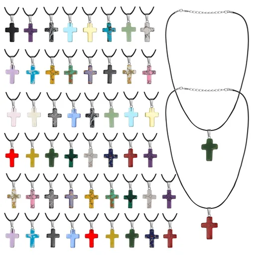 50PCS Stone Cross Pendant Necklaces, Adjustable Cord, Natural Gemstone Charms with Polished Finish, DIY Jewelry Making Cross Charms for Bracelets Earrings Presents