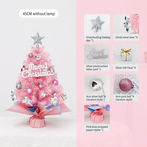 45cm Pink Mini Christmas Tree | Natural Log Base, Pink & Blue Wrapped Design, Star Topper, Letter Sign, Ornaments & Bows, Sweet Desktop Holiday Décor (No Lights Version)