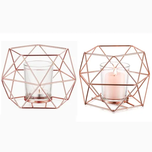 Geometric Tealight Candle Holders Gold, Modern Metal Centerpieces for Table, Candle Stand Accent for Tea Light 2pcs