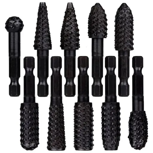 Metal 10-Piece Rotary Rasp File Set, 1/4 Inch Hex Shank Burrs for Wood Carving