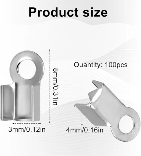 Vin Beauty 100 Pieces Fold Over Cord Ends Stainless Steel Cord Crimp End Tips Fold-Over End Caps Leather Ribbon Ending Clasp Tips Connectors for Jewelry Making 3 x 8 mm, Silver, 589813_1_Msy503deP