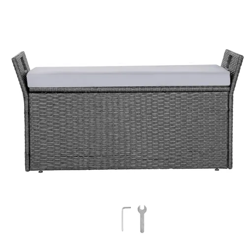 Outdoor Storage Bench, 2-Person PE Rattan Storage Bench, 151L Deck Box with Cushion & Side Handle, Supports up to 181kg, Weatherproof Outdoor Seating & Porch Decor for Patio Garden Balcony