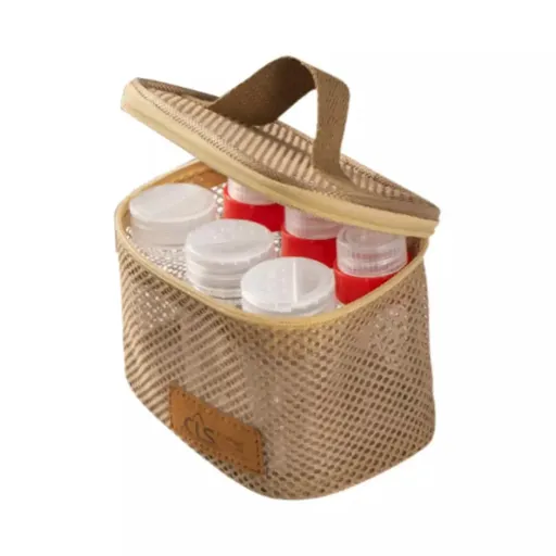 6pcs Mini Seasoning Bottle Set Portable Kitchen BBQ Camping Spice Container Box - Mesh Bag-Khaki