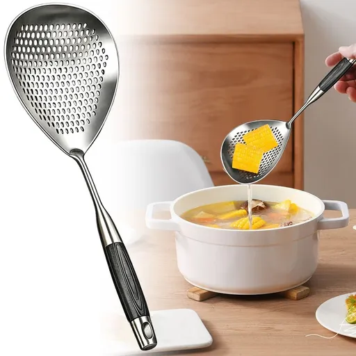 Stainless Steel Large Leaky Spoon with Long Handle, Multi-Purpose Kitchen Strainer for Soup, Stew, Vegetables & Pasta, High Capacity Slotted Serving Spoon, Durable Easy-Clean Cooking Tool