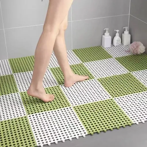 White And Green DIY Interlocking Non-Slip Floor Tiles - 12-Pack PVC Drainage Mat for Shower & Bathroom Safety
