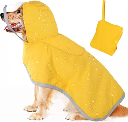 Dog Raincoat, Waterproof Rain Jacket, Clear Hood & Reflective Rim Easy On Off Adjustable Straps, Leash Hole, Soft Mesh Lining, Storage Pocket, Poncho for Small Medium Large Dogs - Yellow - Size M