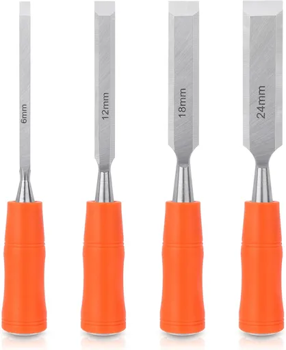 4 Piece Wood Chisel Sets Woodworking Tools Set, Wood Chisels for Woodworking with Steel Hammer End, Wood Tools Chisel Set Woodworking with Ergonomic Plastic Handle, 6mm, 12mm, 18mm, 24mm
