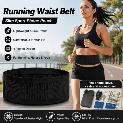 Black M Size Running Waist Belt - High Stretch Spandex Nylon Blend, 360-Degree Storage Pocket, Breathable Mesh Design for Running and Gym Use