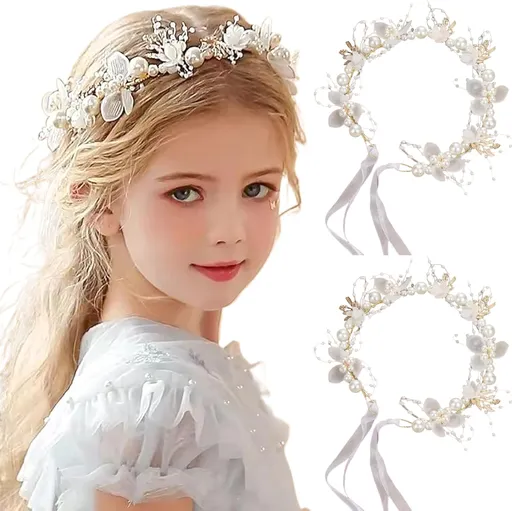 2PCS Flower Girl Headpiece, 15.8 Inch Metal Pearl Headband with Ribbon, Flower Girl Hair Accessory for Birthday, Party, First Communion, Wedding