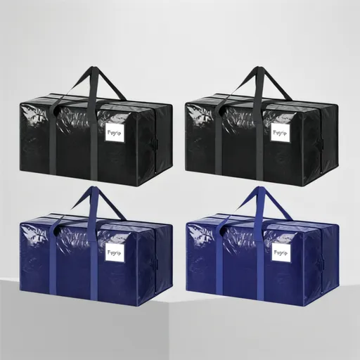 4 Pack ( 2 Dark Blue+2 Black ) Extra Heavy Duty Large Moving Bags with Strong Zipper & Comfortable Handles, Sturdy & Durable Clothes Storage Bags Totes Bins, Packing Moving Boxes for Clothes, Bedding, Dorm & Travel,