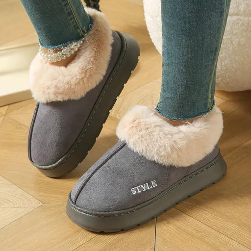 Cozy Winter House Slippers with Thick Sole, Faux Suede and Plush Lining, Non-Slip Indoor-Outdoor Wear, Solid Color Lace-Trimmed Simple Style for Warmth and Comfort (L(40-41), Grey)
