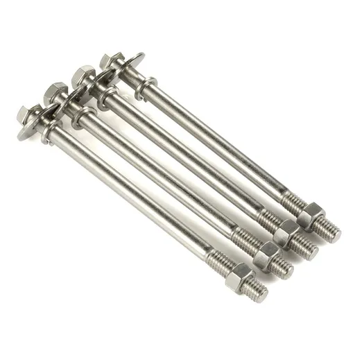 3/8-16 x 7 Hex Head Bolts with Hex Nuts and Thick Flat & Lock Washers, Partially Threaded, Stainless Steel 18-8, Plain Finish, 4 Sets